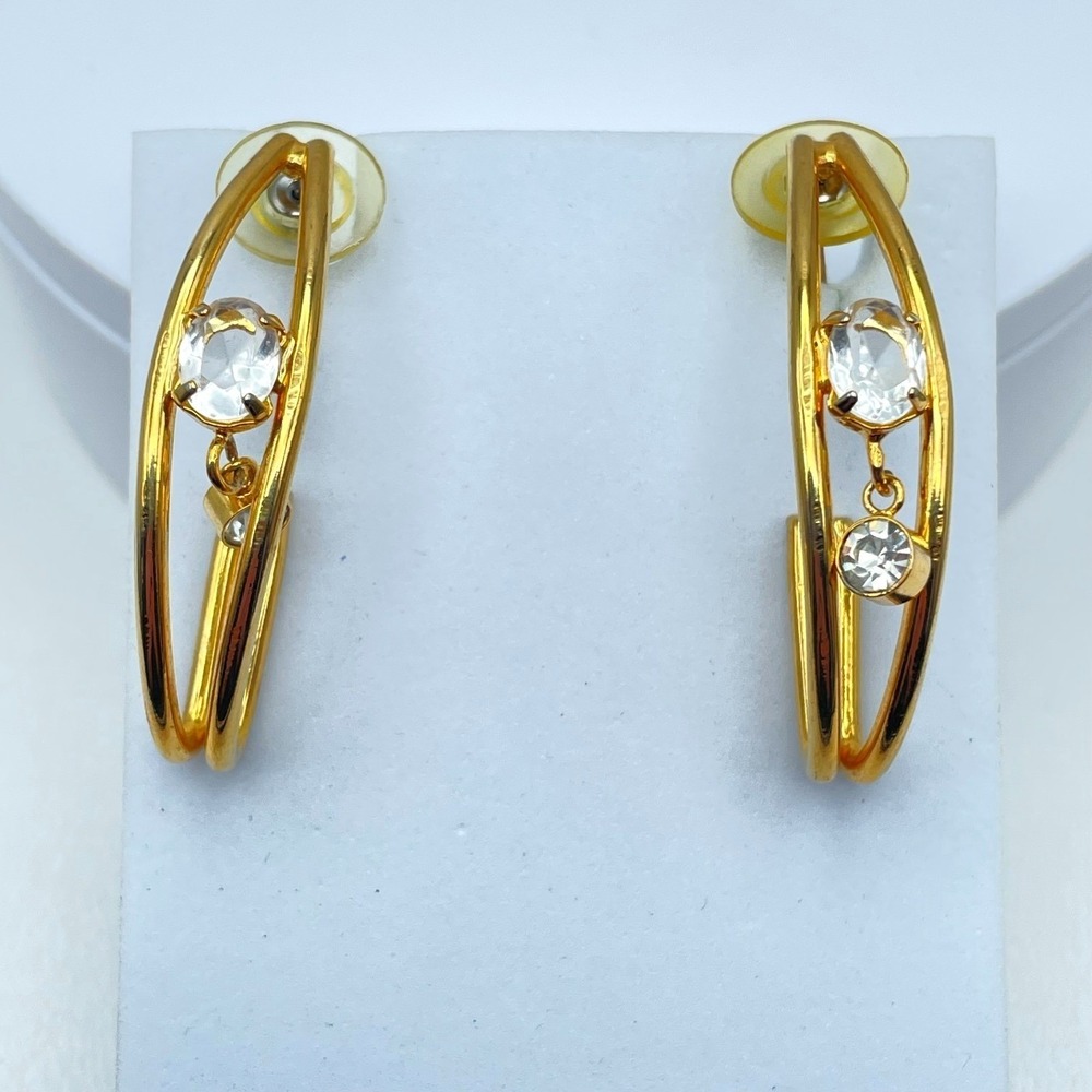 Vintage 90s Clear Glass Open Hoop Gold Tone Earrings Modern Geometric Jewelry